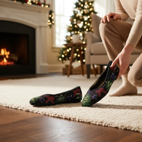 Colorwerks Women Vtg Holiday Christmas Beaded Flats Ornaments Tree Bow 7.5M - Picture 2 of 5